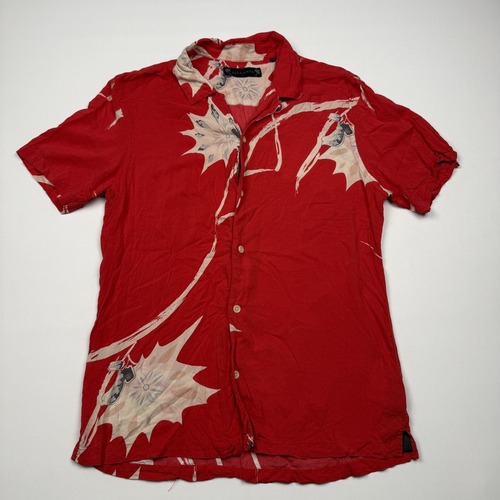 AllSaints Shirt Mens Small Red Floral Hawaiian Short Sleeve Button Up Viscose